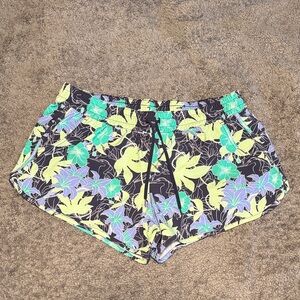 Columbia Grey Athletic Shorts with Neon Green & Lilac Floral Pattern